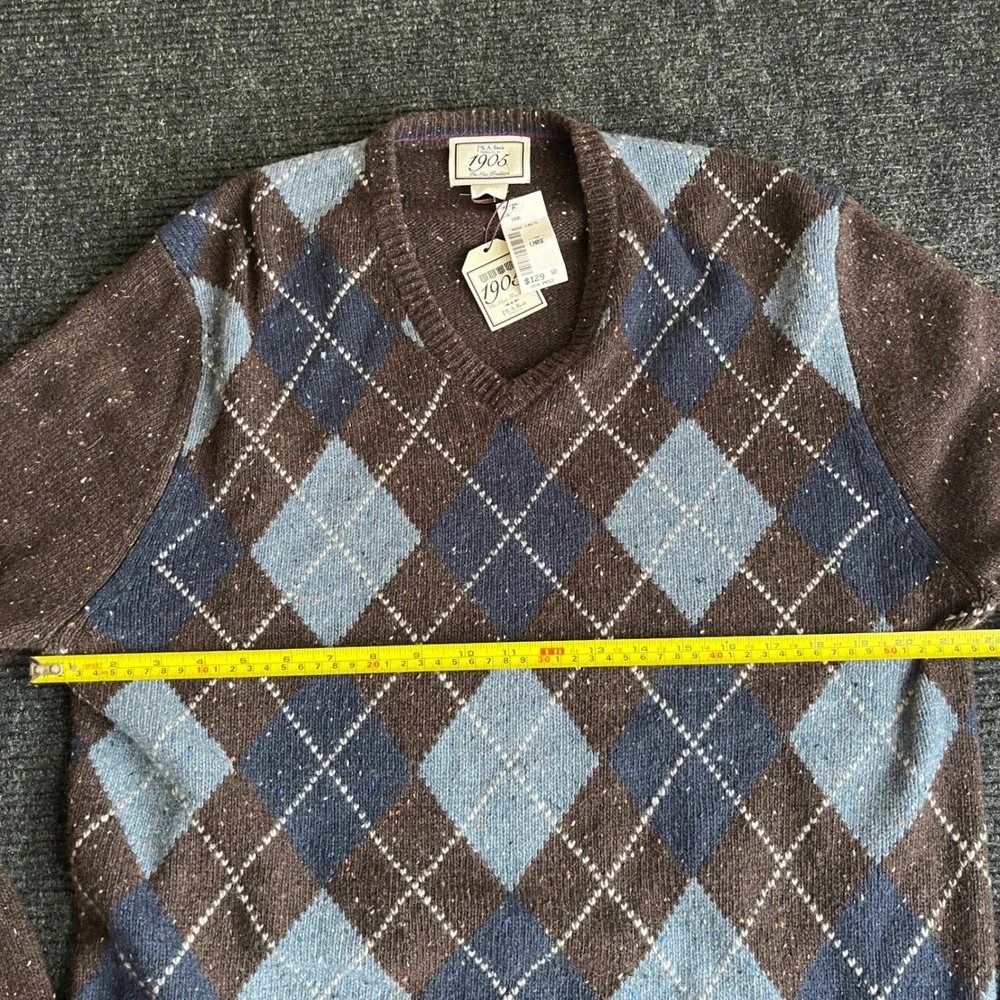 Jos. A. Bank 1906 Argyle V-Neck Sweater Mens Large Brown Blue Wool Blend NWT